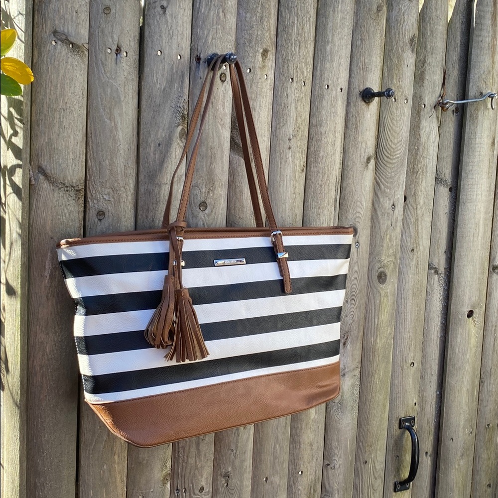 Nine West Striped Black and White Purse Tote Bag with Tan Accents